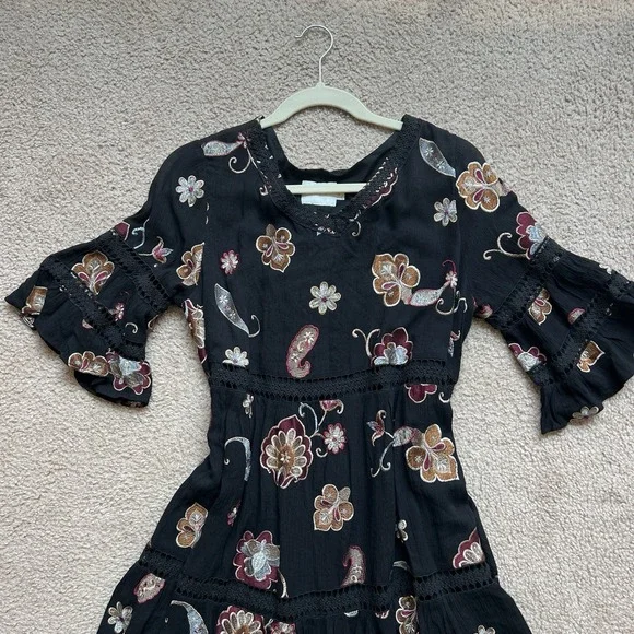 Anthropologie‎ Eri Ali Black Short Dress Embroidered Flowers Ruffled Sleeves M - Picture 2 of 10